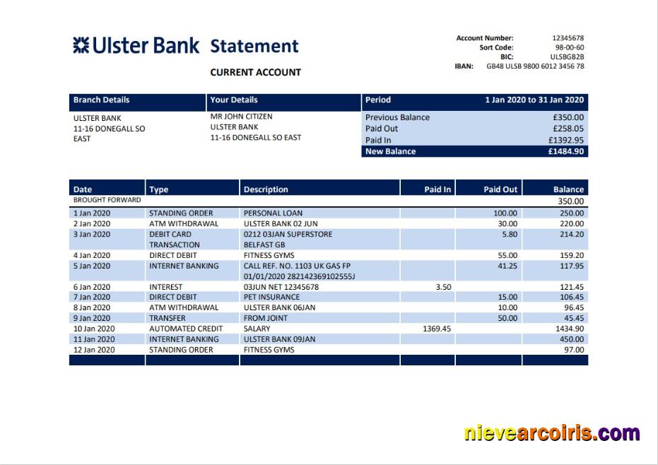 Republic of Ireland Ulster Bank statement in Word and PDF format, good for address prove